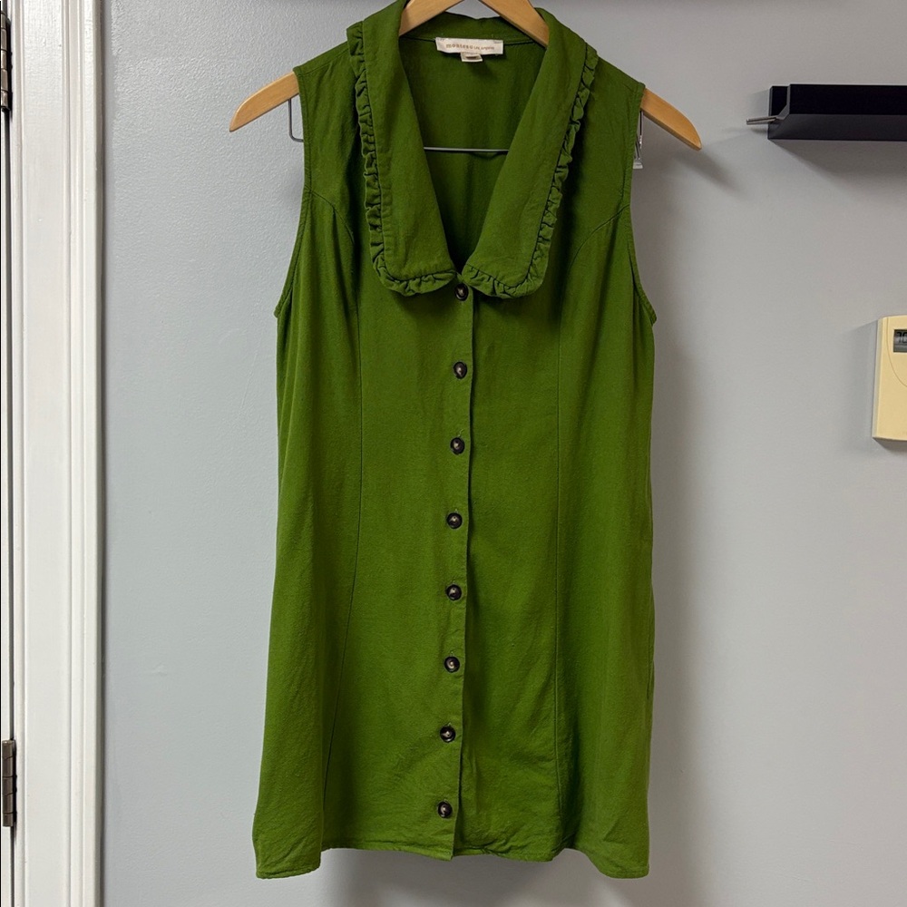 Monteau Olive Green Sleeveless Ruffle Collar Button-Down Mini Dress Sz L